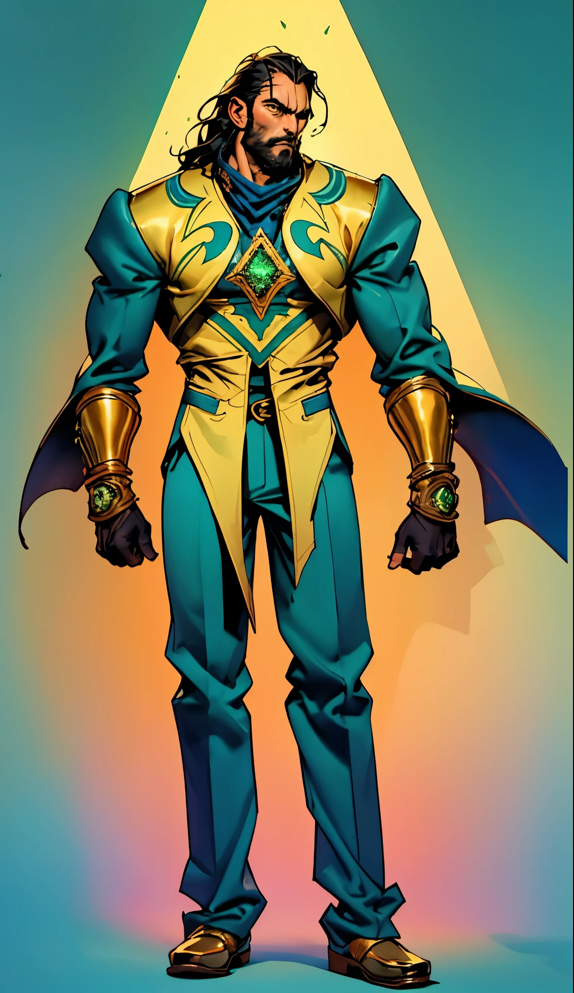 A middle-aged man with long black hair, a metal forehead protector, large triangular eyes, square stubble, a dignified expression, a long face, a dignified expression, a tall physique, a luxurious fantasy-style coat adorned with golden patterns and a green crystal in the center, wide short sleeves, metal wrist guards, two-tone linen trousers, thick cloth shoes, the backdrop of a completely black fantasy-style fortress, this character embodies a finely crafted fantasy-style overlord in anime style, exquisite and mature manga art style, dramatic, high definition, best quality, highres, ultra-detailed, ultra-fine painting, extremely delicate, professional, perfect body proportions, golden ratio, anatomically correct, symmetrical face, extremely detailed eyes and face, high quality eyes, creativity, RAW photo, UHD, 32k, Natural light, cinematic lighting, masterpiece-anatomy-perfect, masterpiece:1.5