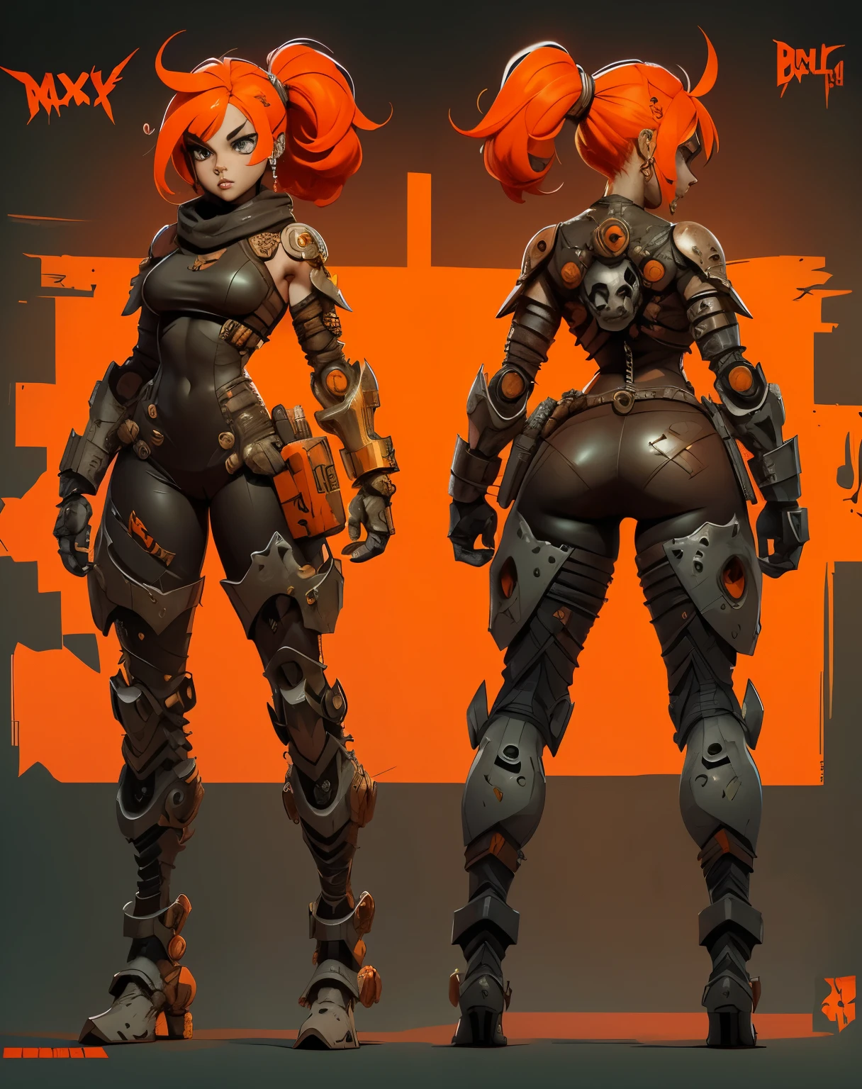 Skull girl art work, game concept, character sheet, mad max furiosa, one hand robot, cyborg arm, orange hair, metal heavy rock theme