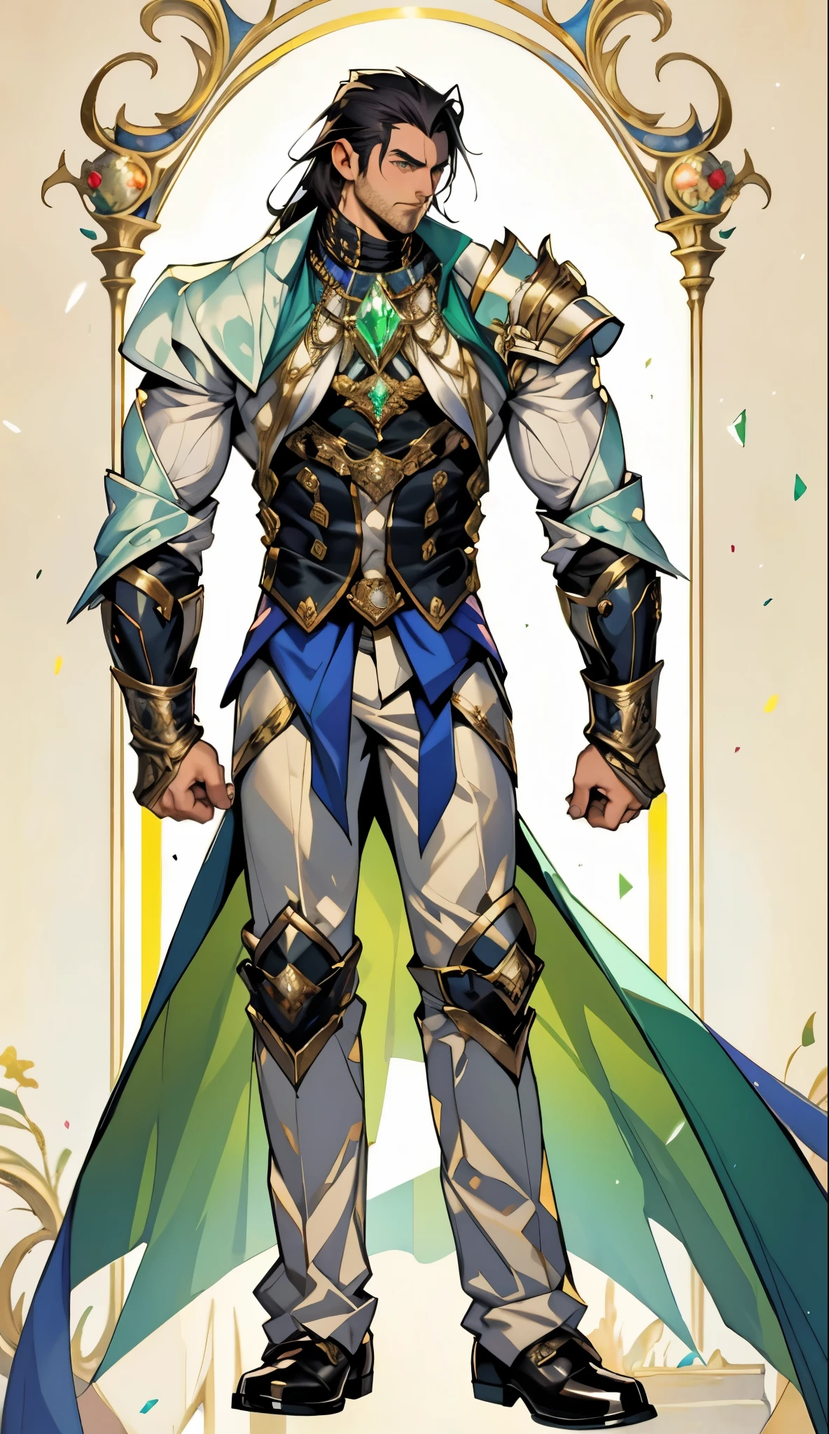 A middle-aged man with long black hair, a metal forehead protector, large triangular eyes, square stubble, a dignified expression, a long face, a dignified expression, a tall physique, a luxurious fantasy-style coat adorned with golden patterns and a green crystal in the center, wide short sleeves, metal wrist guards, two-tone linen trousers, thick cloth shoes, the backdrop of a completely black fantasy-style fortress, this character embodies a finely crafted fantasy-style overlord in anime style, exquisite and manga art style, dramatic, high definition, best quality, highres, ultra-detailed, ultra-fine painting, extremely delicate, professional, perfect body proportions, golden ratio, anatomically correct, symmetrical face, extremely detailed eyes and face, high quality eyes, creativity, RAW photo, UHD, 32k, Natural light, cinematic lighting, masterpiece-anatomy-perfect, masterpiece:1.5