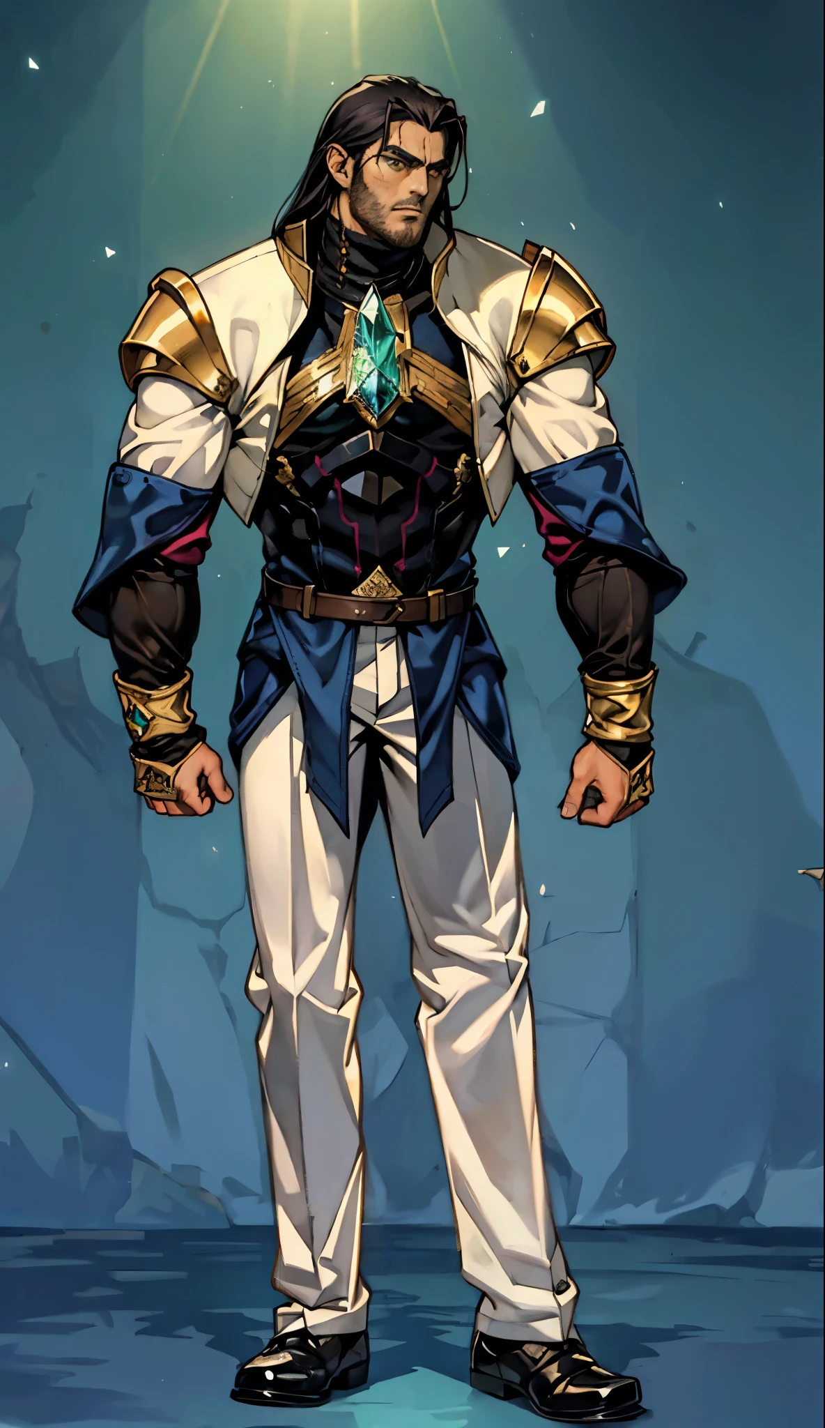 A middle-aged man with long black hair, a metal forehead protector, large triangular eyes, square stubble, a dignified expression, a long face, a dignified expression, a tall physique, a luxurious fantasy-style coat adorned with golden patterns and a green crystal in the center, wide short sleeves, metal wrist guards, two-tone linen trousers, thick cloth shoes, the backdrop of a completely black fantasy-style fortress, this character embodies a finely crafted fantasy-style overlord in anime style, exquisite and mature manga art style, dramatic, high definition, best quality, highres, ultra-detailed, ultra-fine painting, extremely delicate, professional, perfect body proportions, golden ratio, anatomically correct, symmetrical face, extremely detailed eyes and face, high quality eyes, creativity, RAW photo, UHD, 32k, Natural light, cinematic lighting, masterpiece-anatomy-perfect, masterpiece:1.5