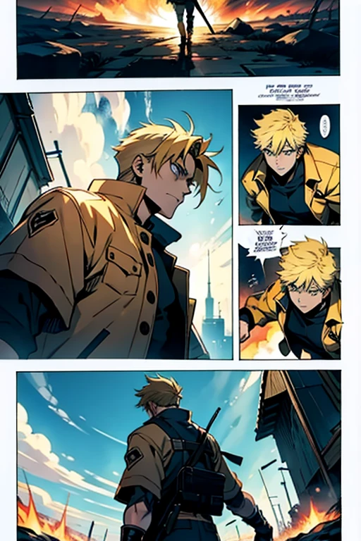 Anime guy with blonde hair stopping the end of the world fighting, manga page with panels and dialogue