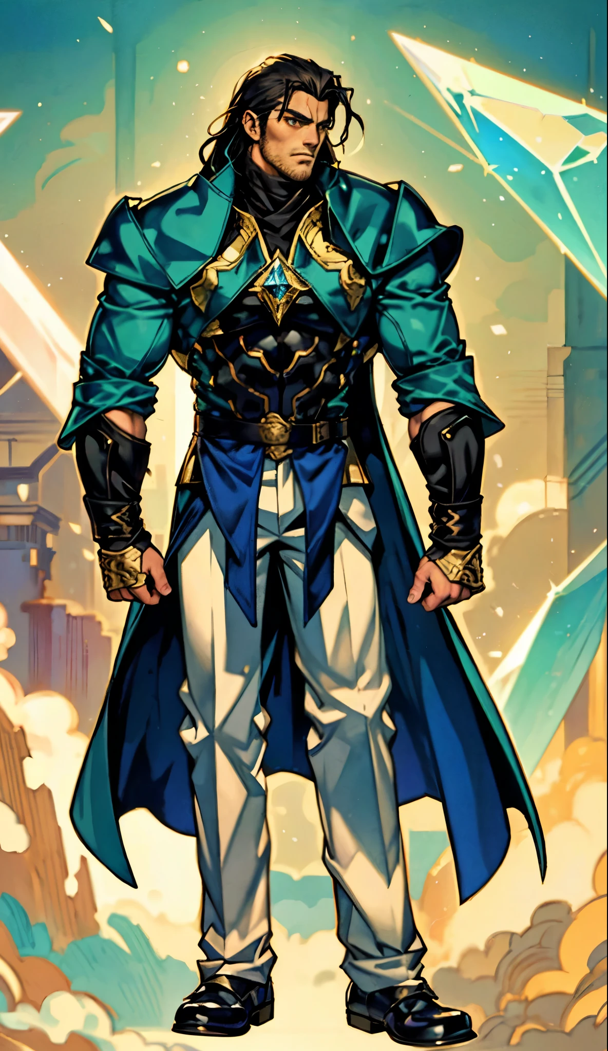 A middle-aged man with long black hair, a metal forehead protector, large triangular eyes, square stubble, a dignified expression, a long face, a dignified expression, a tall physique, a luxurious fantasy-style coat adorned with golden patterns and a green crystal in the center, wide short sleeves, metal wrist guards, two-tone linen trousers, thick cloth shoes, the backdrop of a completely black fantasy-style fortress, this character embodies a finely crafted fantasy-style overlord in anime style, exquisite and mature manga art style, dramatic, high definition, best quality, highres, ultra-detailed, ultra-fine painting, extremely delicate, professional, perfect body proportions, golden ratio, anatomically correct, symmetrical face, extremely detailed eyes and face, high quality eyes, creativity, RAW photo, UHD, 32k, Natural light, cinematic lighting, masterpiece-anatomy-perfect, masterpiece:1.5