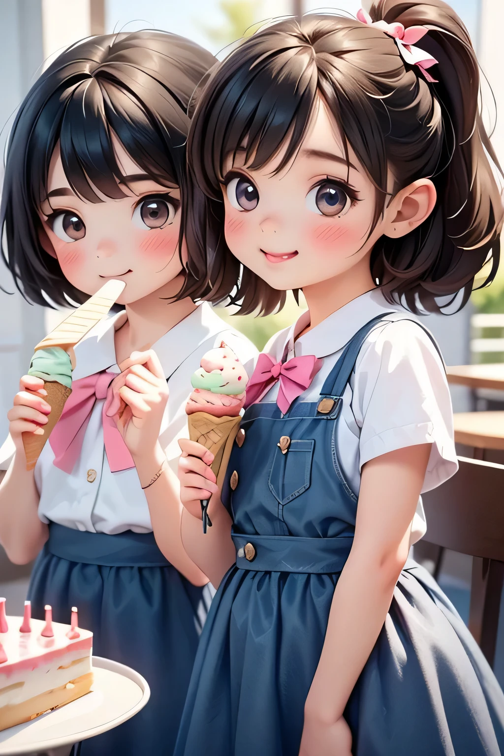 highest quality、High resolution、Detailed Background、(Beautiful face in every detail:1.4)、Anatomically correct、(Detailed facial expressions)、(Detailed eyes:1.2)、(Detailed eyes:1.2)、age beauty、(Three Women)、(Highly detailed face:1.4)、cute hair color、Braided bob cut、Braided Ponytail、cute hairstyle、well-groomed eyebrows、Happy expression、A big smile、laughing、smile、A fun atmosphere、Cowboy Shot、Show upper body、
(Two girls eating ice cream and cake in a cute cafe:1.5)、
Ruffled or lace blouses、Bowtie camisole、flare skirt、Culottes with ribbon、Ribbon and flower motif hair accessories、
Choose sweet colors and designs、A neat and cute atmosphere、cute