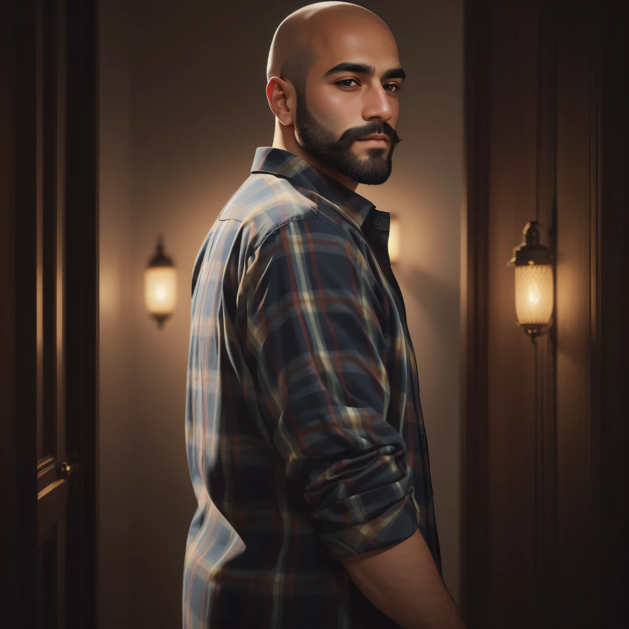 arafed Persian man with a beard and a plaid shirt, lumberjack, profile shot, flannel, astor alexander, with a beard and a black shirt, profile portrait, bald with short beard, bald man, handsome Iranian man, handsome Persian man, inspired by Harrington Mann, alex flores, wearing plaid shirt, enes dirig, inspired by Marcos Restrepo, burly, ((illustration)), (((masterpiece))), ((best quality)), (High resolution), (detailedlight), ((intricate detail)), (highres), (very detailed CG 8k wallpaper),Beautiful Lighting, Perfect Lightning, Realistic Shadows, [High Resolution], Detailed Skin, Super Delicate, looking at the camera,