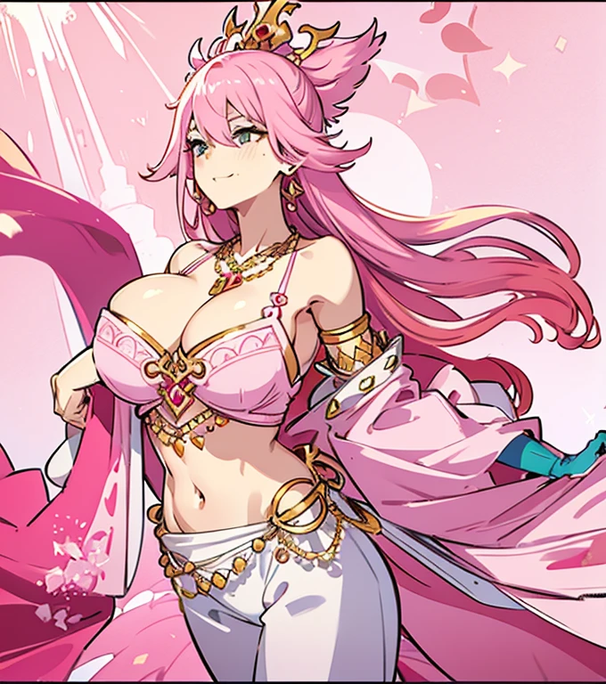A smug narcissistic pink haired genie woman wearing a pink bra and white puffy harem pants and lots of jewelry flaunting herself