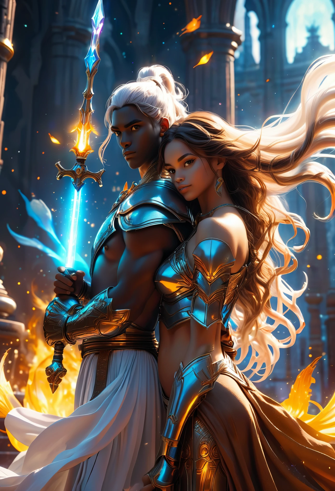 In a celestial landscape, in tribunal, (((a hot darkskin young couple of powerful judge, in 20's))) (((brown skin man and brown skin pregnant woman))), ((young brown skin long (whitehair) celestwarrior:1.7)), ((one brown skin pregnant (((darkhair:1.9))) judge woman))) standing in a great heavenly court, (((tenant chacun un sceptre))), trying to kill him with swords, dangerous scene, war, battle, 8K, extremely detailed, high quality, (photorealistic:1.37), Full body, vibrant colors, perfect lighting, soulful expressions, celestial aura, majestic presence, dreamlike atmosphere, 8 k artistic photography, photorealistic concept art, soft natural volumetric cinematic perfect