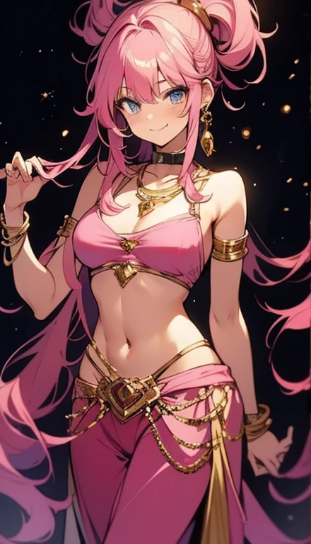 A smug narcissistic pink haired goddess wearing a pink bra and golden pants and lots of jewelry flaunting herself