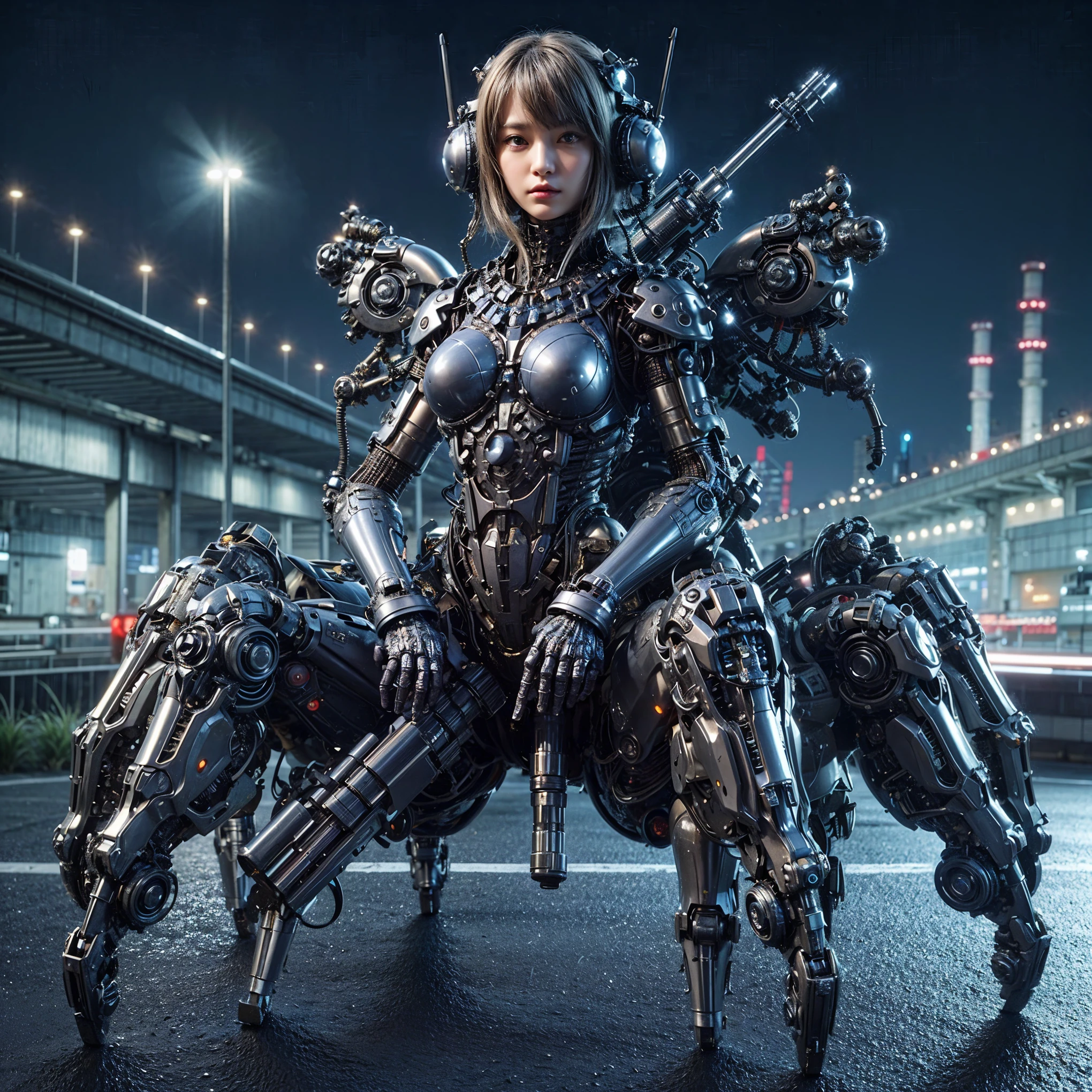 (extremely intricate all details)、(extremely realistic all Texture) 、glossy Texture、Navy blue heavy mechanical armor resembling a pillbug, designed by Hajime Katoki、1 person、Beautiful female soldier、Multi-legged、Heavyweight、Heavy Armor、Firearms、Ultra-realistic、Full Body Shot、Night view of the bayside industrial area、Spotlight lighting to illuminate characters、Please generate at least 4 copies.