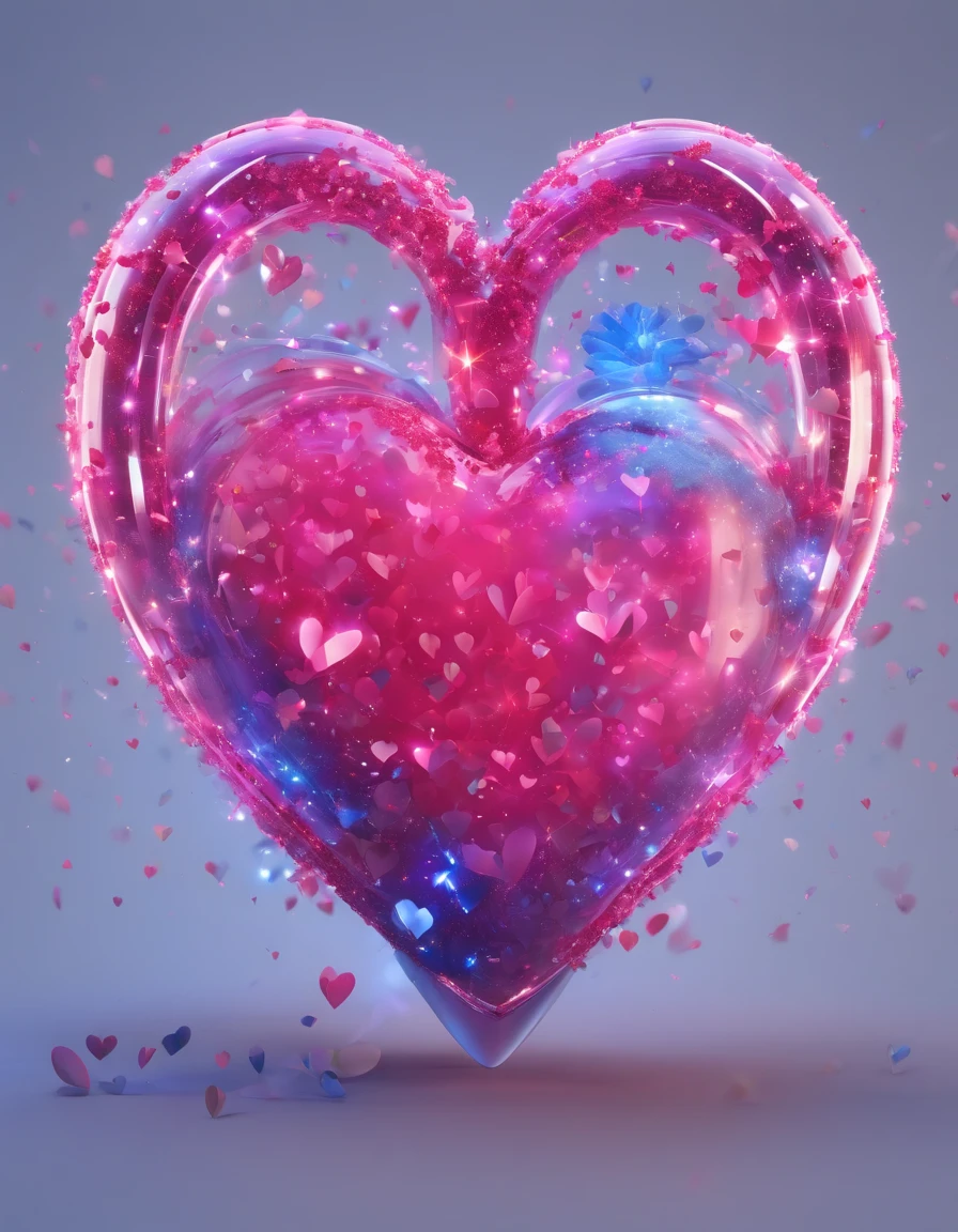 Transparent heart on Transparent background with neon pink and dark blue sparkly hearts