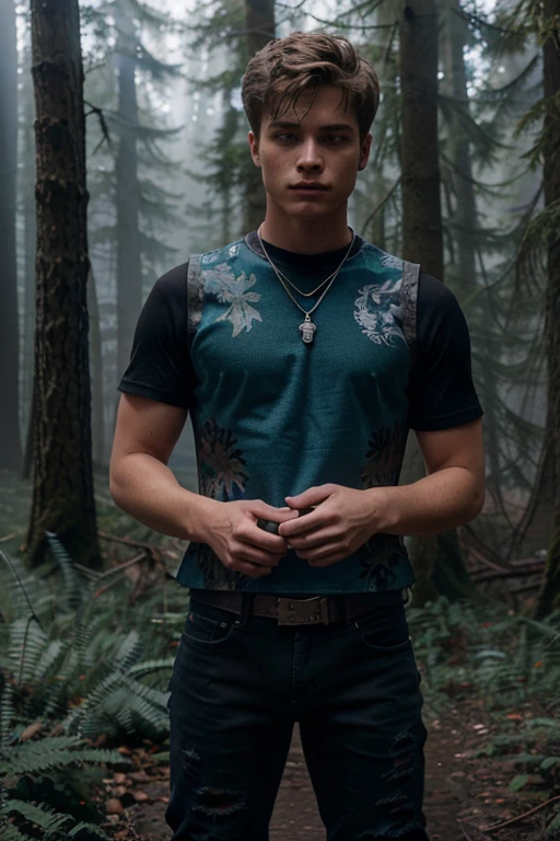 Froy Gutierrez, Nolan, Teen Wolf, 18 years old, short messy blonde hair, blue eyes, blue vest, green military shirt with military print, black jeans, black combat boots. silver pendant, white wolf print. Forest background with fog aura around black color.