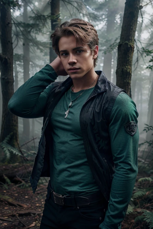 Froy Gutierrez, Nolan, Teen Wolf, 18 years old, short messy blonde hair, blue eyes, blue vest, green military shirt with military print, black jeans, black combat boots. silver pendant, white wolf print. Forest background with fog aura around black color.