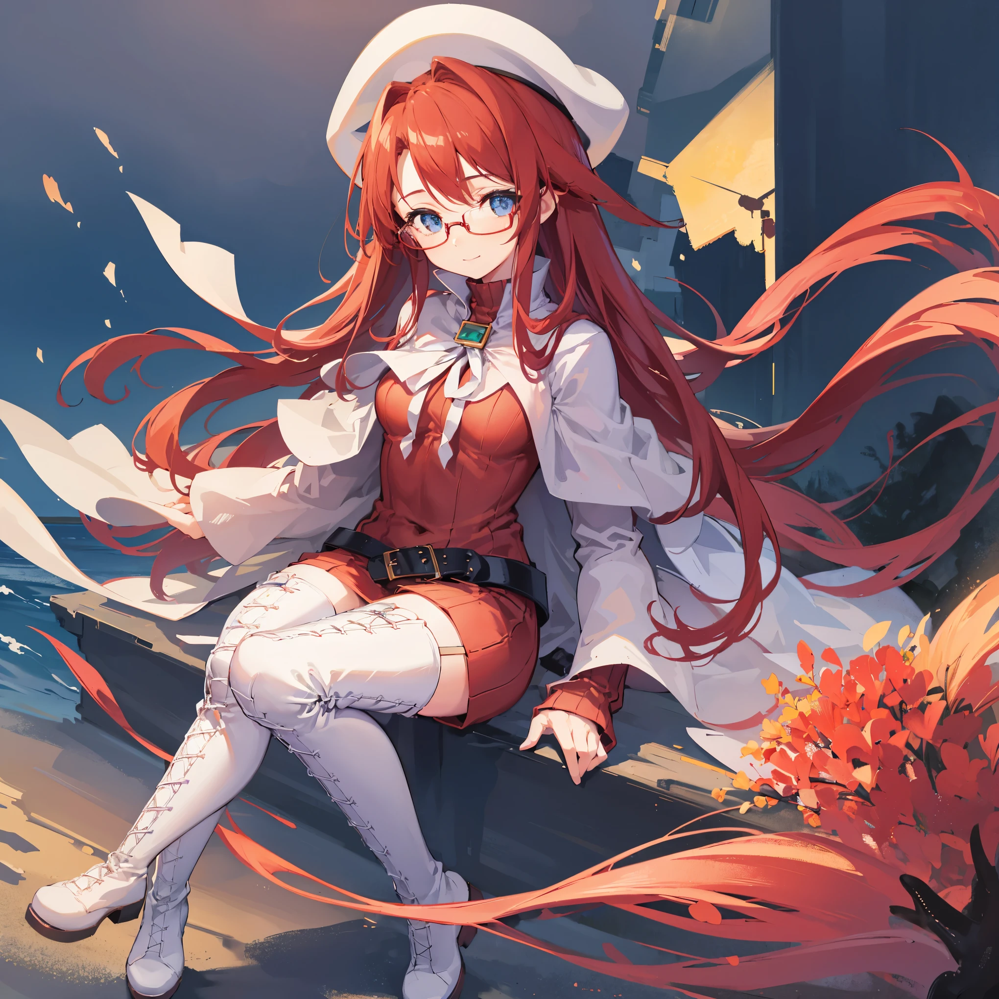 summonnightaty, aty, (young:1.3),long hair, blue eyes, red hair, big_berets, hat, glasses,
BREAK long hair, thighhighs, hat, dress, naked_legs, glasses, belt, cape, sweater, zettai ryouiki, beret, thigh boots, white footwear, ribbed sweater, loose belt,solo,
BREAK outdoors, fantasy,on_beach,
,Highquality_hads,perfect_fingers,
BREAK (masterpiece:1.2), best quality, high resolution, unity 8k wallpaper, (illustration:0.8), (beautiful detailed eyes:1.6), extremely detailed face, perfect lighting, extremely detailed CG, (perfect hands, perfect anatomy),covered_nipples,covered_navel ,half_eyes,long_sword,sleepy,standing,red_sweater,apart_knees,magical_effect,spread_legs, have_a_book,teacher,rise_knee,Smile,rise_hand,look_down_viewer,spread_arms,sea​_waves,looking_into,blue_sky,sitting