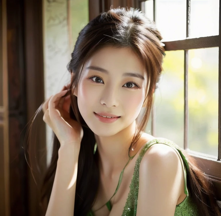 Close-up of a woman in a green dress posing for a photo., Gorgeous Chinese model, หญิงKorean girlที่งดงาม, beautiful south korean women, หญิงKorean girlที่สวยงาม, beautiful asian girl, Cute young man with a sweet Asian face, Chinese girl, Asian girl with long hair, The face of a beautiful Japanese girl, Korean girl, Cute girl - clear face, Japanese model, Beautiful Asian woman