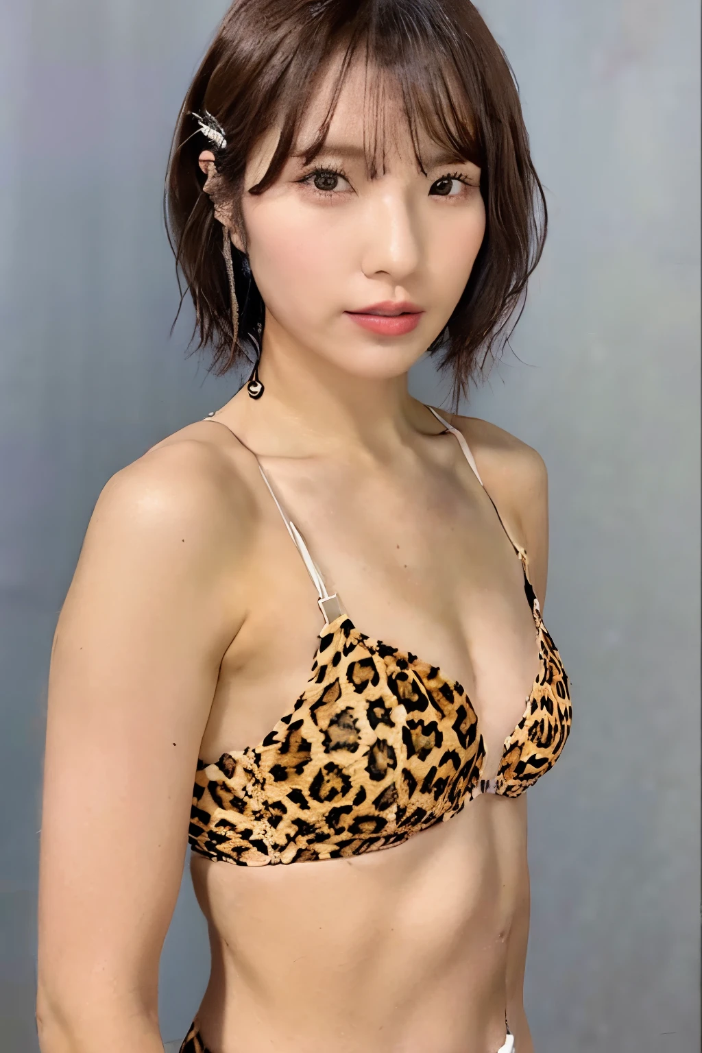 Brown Hair、short hair、With bangs、The body is slim、Leopard print micro bikini、In front of a white background