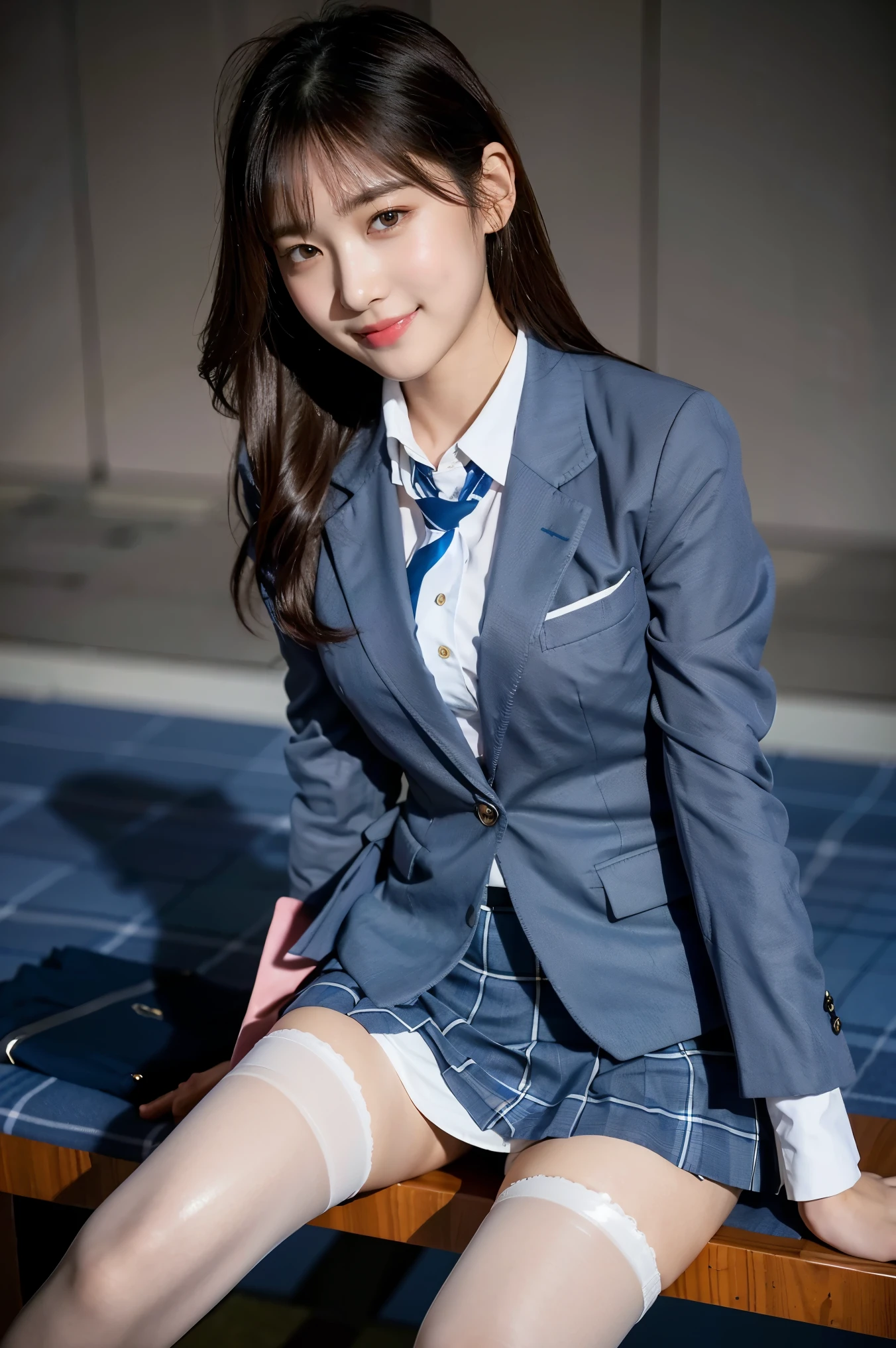 (8k), (highest quality: 1.2), (Realistic), (Realistic: 1.37), Ultra-high resolution, (1 girl), cute, blush,Embarrassed smile, Beautiful details, Beautiful Nose, Straight Hair, Giant Dulcefo, pork, Thighs,Self Snap,University Uniforms,(A simple navy blue blazer:1.4),(Pleated skirt:1.2),(The skirt and tie are gray tartan check pattern.:1.3),(Sitting:1), Sit on the bench,(Hold my feet:1),(white Shiny legs:1.2),from the front,knees,shin