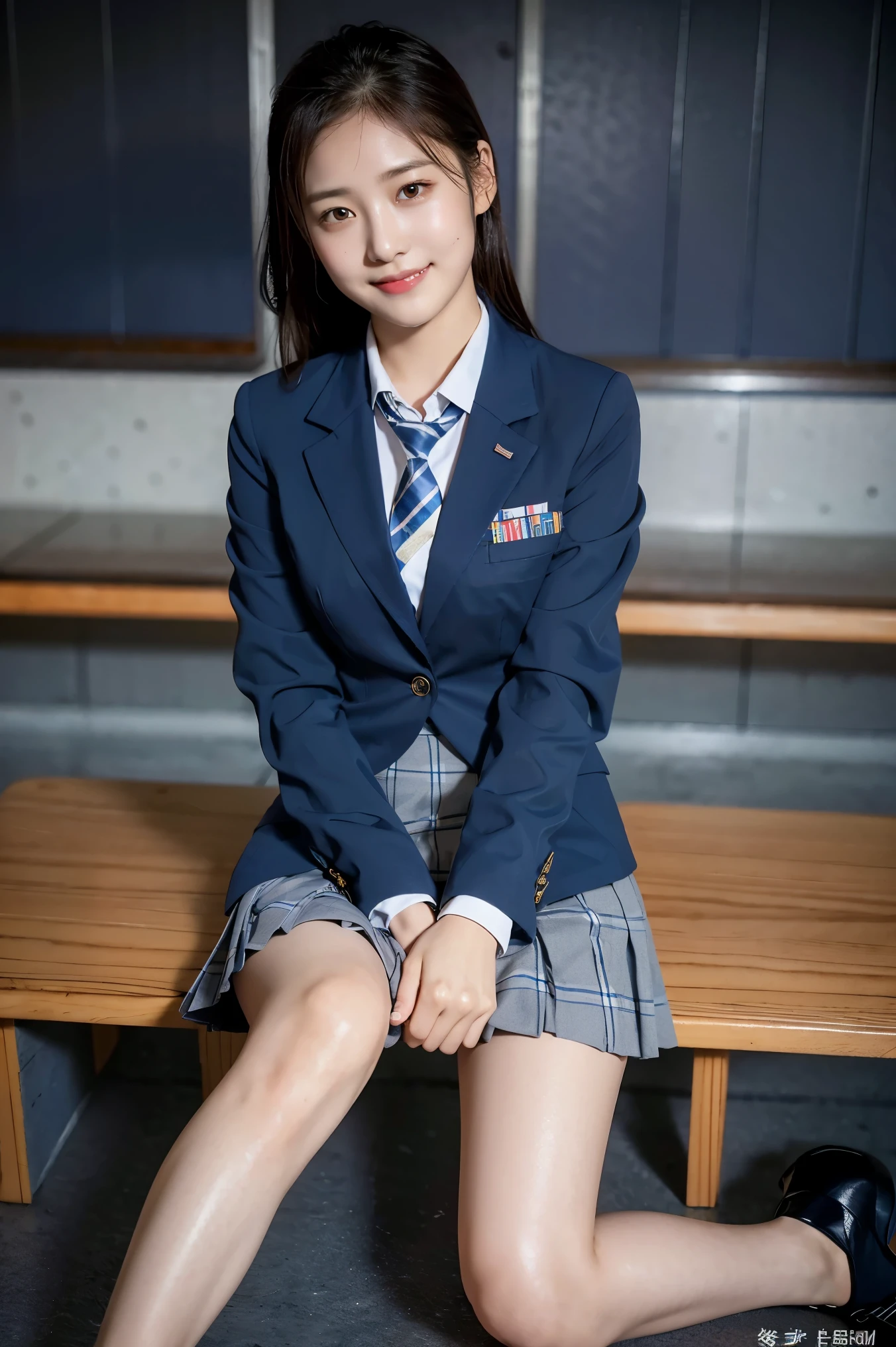 (8k), (highest quality: 1.2), (Realistic), (Realistic: 1.37), Ultra-high resolution, (1 girl), cute, blush,Embarrassed smile, Beautiful details, Beautiful Nose, Wet Hair, Giant Dulcefo, pork, Thighs,Self Snap,University Uniforms,(A simple navy blue blazer:1.4),(Pleated skirt:1.2),(The skirt and tie are gray tartan check pattern.:1.3),(Sitting:1), Sit on the bench,(Hold my feet:1),(Shiny legs:1.2),from the front,knees,shin