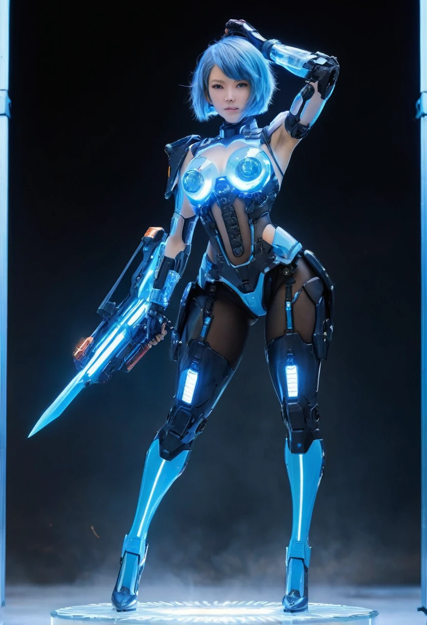 (RAW quality:1.4), One Girl, Japanese, 14 years old, Textured skin, (Sky blue shiny short hair:1.4), Very detailed, Advanced Details, high quality, 最high quality, High resolution, 1080p, hard disk, beautiful,(Gundam),Beautiful cyborg woman,large body,((Wearing Futuristic Transparent Reinforced Plastic Machine Parts。:1.4)), Nipples covered with transparent mechanism, Mechanically protected front groin, (Exposed lower abdomen:1.4), The bare skin of the large body is exposed., large body naked, Perfect Proportions, Great tit, (He carries a lot of weapons on his back..:1.4), (Hero Pose), Combat pose, Medium Shot, folded building background, City in flames, (The blue LED on the bust top glows strongly:1.4), Biologically correct, pubic_hair,