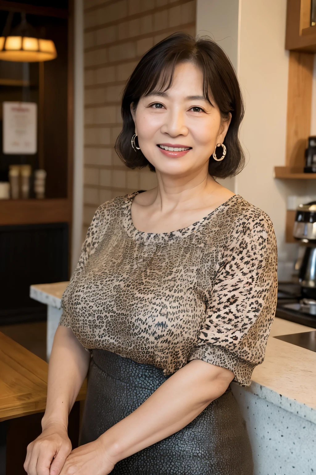 Osaka's aunt、Organic Photography、highest quality、masterpiece、Ultra-high resolution、Beautiful Japanese old lady、70 years old、Looking at the audience、Elegant face、Toothy smile、Big Breasts、Wearing a short-sleeved knit with an animal print、Medium long wavy hair、mini skirt、Earrings、A corner of a coffee shop, Background Blur