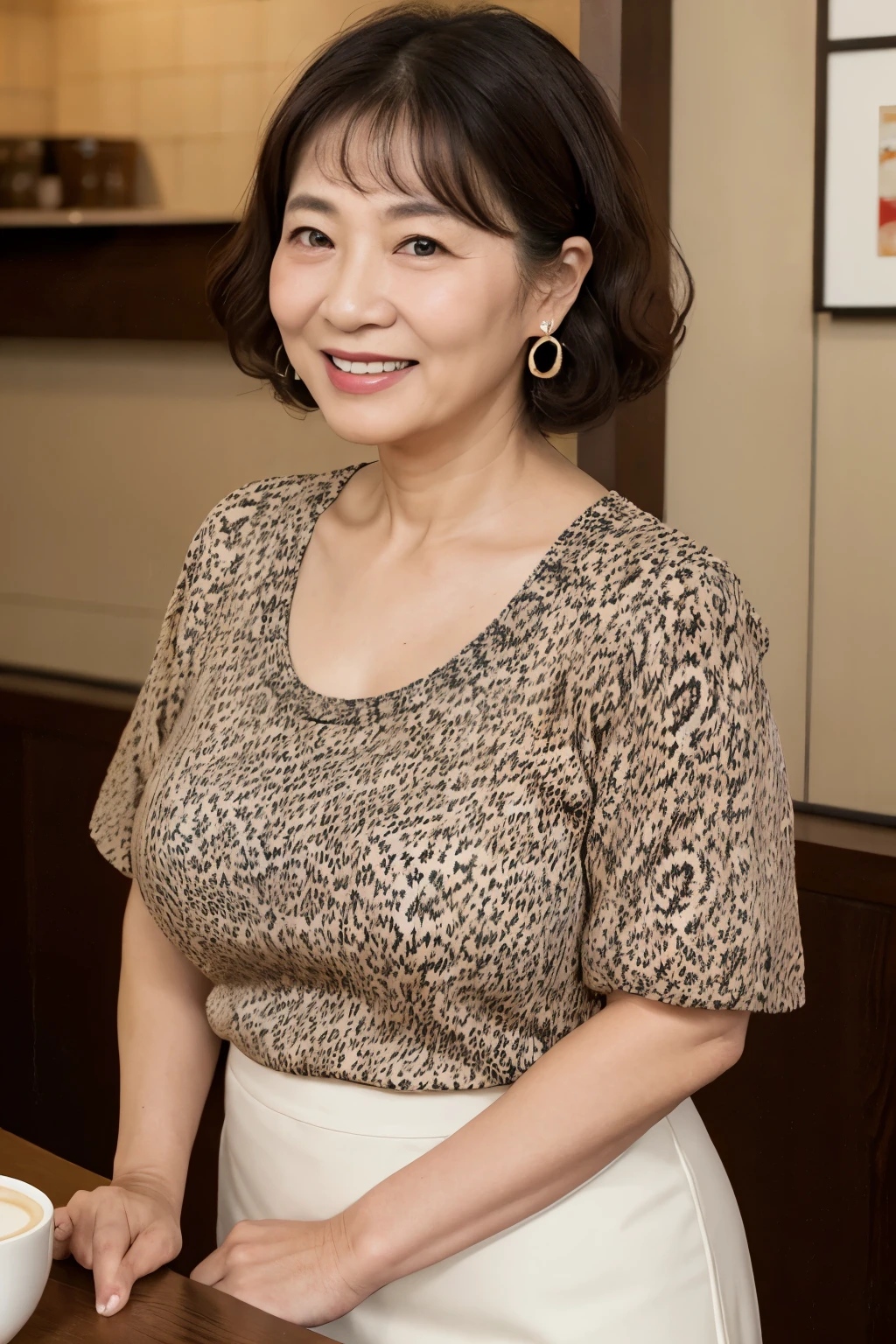 Osaka's aunt、Organic Photography、highest quality、masterpiece、Ultra-high resolution、Beautiful Japanese old lady、70 years old、Looking at the audience、Elegant face、Toothy smile、Big Breasts、Wearing a short-sleeved knit with an animal print、Medium long wavy hair、mini skirt、Earrings、A corner of a coffee shop, Background Blur