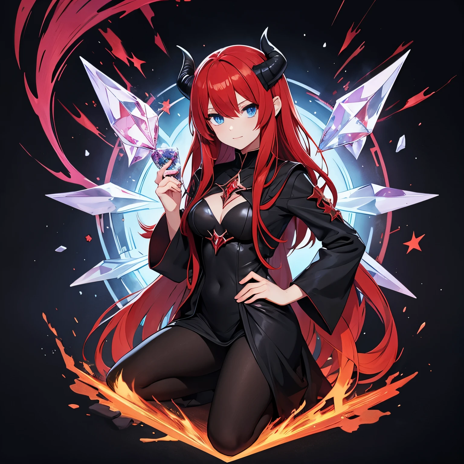 anime girl with red hair and black outfit holding a crystal, crystal blue eyes, demonic horns, full portrait of elementalist, the sorceress, anime full body portrait, demon mage, demon princess