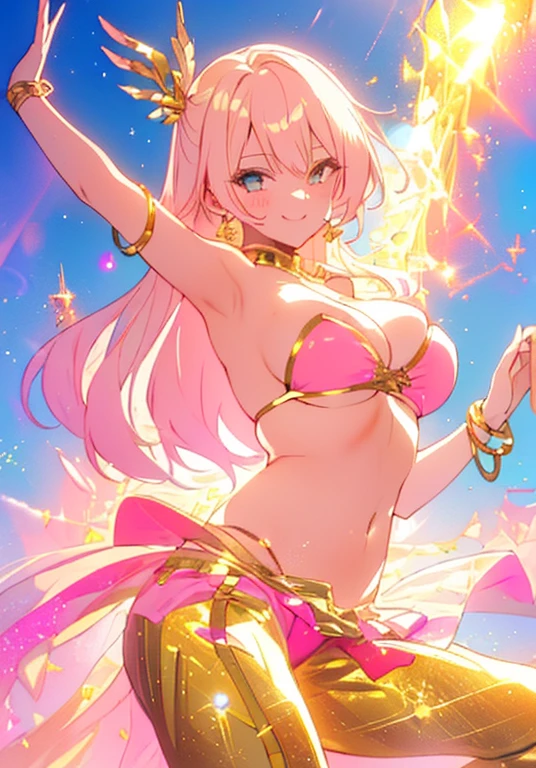 Smug dancer girl with a golden strapless 2 piece bikini bra with transparent pink pants revealing her golden panties she is adorned with a large amount of jewelry