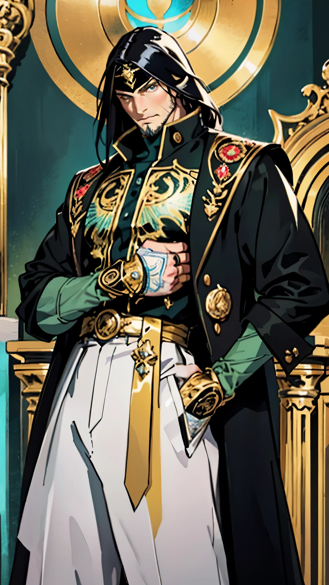 A middle-aged man with long black hair, a metal forehead protector, large triangular eyes, square stubble, a long face, a dignified expression, a tall physique, a luxurious fantasy-style coat adorned with golden patterns and a green crystal in the center, wide short sleeves, metal wrist guards, two-tone linen trousers, thick cloth shoes, the backdrop of a completely black fantasy-style fortress, this character embodies a finely crafted fantasy-style overlord in anime style, exquisite and mature manga art style, dramatic, high definition, best quality, highres, ultra-detailed, ultra-fine painting, extremely delicate, professional, perfect body proportions, golden ratio, anatomically correct, symmetrical face, extremely detailed eyes and face, high quality eyes, creativity, RAW photo, UHD, 32k, Natural light, cinematic lighting, masterpiece-anatomy-perfect, masterpiece:1.5