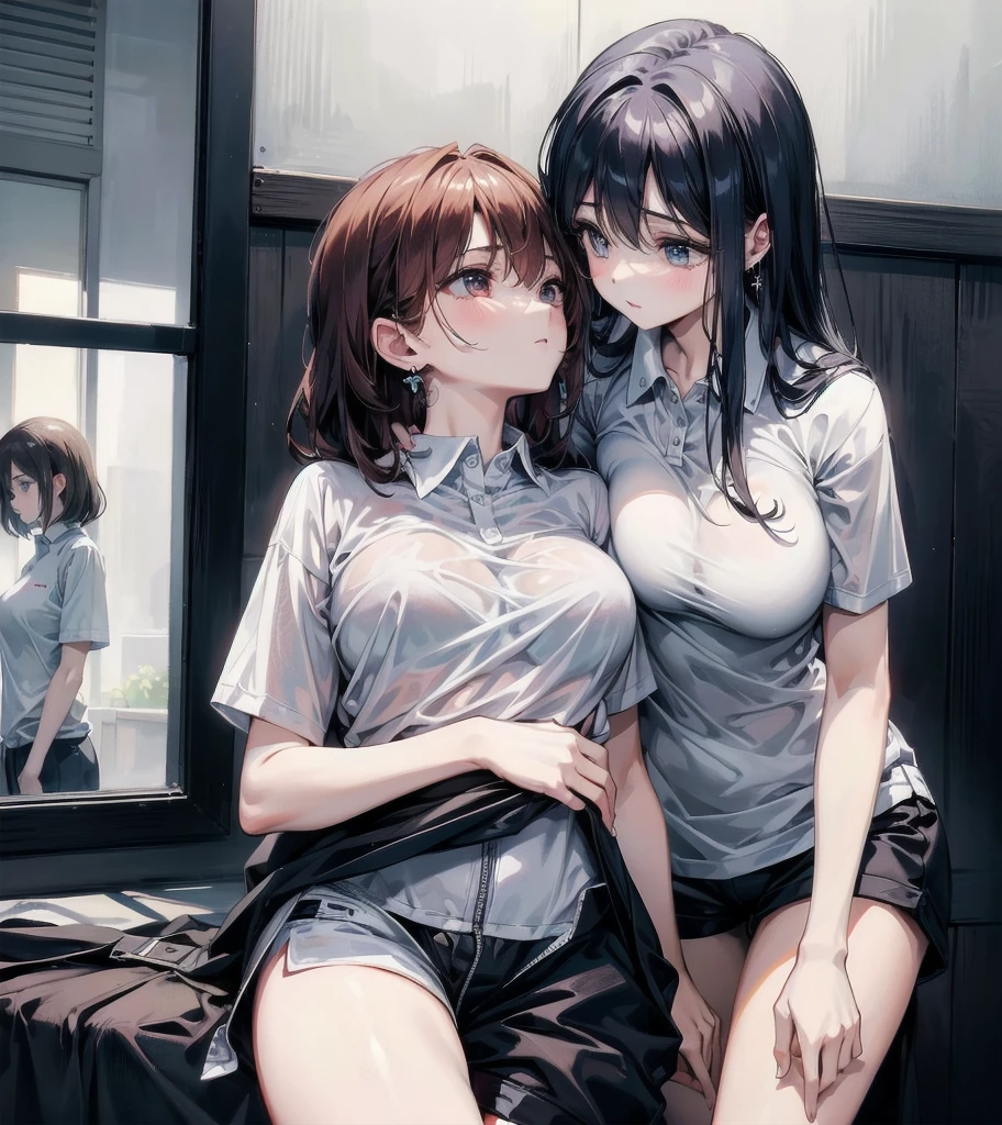 ((((yuri)))), ((((3 girls)))), absurdres, RAW photo, extremely delicate and beautiful, masterpiece, Best Quality, ultra high resolution, 32k, hyperrealistic, ultra-detailed, detailed description, perfect figure, perfect shape, perfect anatomy, pale skin, 20 years old, detailed beautiful face and eyes, tearful mole, earring, short medium hair, wavy hair, big tits, golf uniform, polo shirt, shorts,