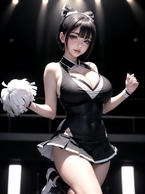 (Ultimate beauty),  非常にdetailed顔, detailedな唇, fine grain, Beautiful Eyes, Short Black Pixie Hairstyles, ((Laugh with your mouth closed)), (((Wearing bright black and white cheerleader uniforms))),(((Accentuate your cleavage))) Big Breasts,(Accentuate your breasts) (Thighs),  (((One leg is raised high)))that&#39;that&#39;sit, perfectionなボディ, perfectionな顔, (((background: Stadium)、Cowboy Shot, (Depth of written border), perfectionな画像リアリズム, With detailed background, detailedな衣装, perfection、Hyperrealism、Realistic、Maximum resolution 8K, (masterpiece), 非常にdetailed, Professional　22 year old Japanese woman,(非常にdetailedな肌)(Beautiful female body)(美しいBig Breasts)(Big Breasts)(Pale skin)(Pointed Chest),(Erect nipples)(Best image quality)(Hyperrealismの肖像画),(8k),(Ultra-realistic,最high quality, high quality, High resolution)(high quality texture)(Attention to detail)(Beautiful details)(detailed,Extremely detailed CG,detailed Texture)(Realistic facial expressions,masterpiece,in front,dynamic,bold),(((short pixie cut))),(Very thin hair)(Super Straight Hair:1.5)( sleek bangs,Very light coppery amber hair,Hair in one eye)　(((Accentuate your buttocks)))　(((Her cleavage is visible)))　　(((Composition from behind)))　(((She is spreading her legs boldly)))　(((The lines of the body are clearly visible)))、(((Depiction of beautiful fingers)))　(((Beautiful body depiction)))　(((Accentuate your butt)))(((Thighsが見えるよ)))(((Full body photo)))、(((Low angle photo)))、(((Correct ankle orientation)))(((Correct number of legs)))　(((正確な後ろからのFull body photo)))(((Exact number of hands)))