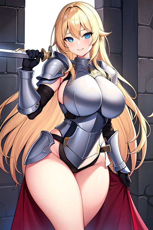 1girl, blonde hair, shoulder armor, large breasts, thick thighs, sword, bare legs, blue eyes, long hair, blonde hair, armor, hourglass figure, bare legs, smile, gloves