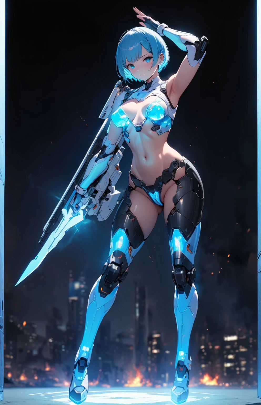 (RAW quality:1.4), One Girl, Japanese, 14 years old, Textured skin, (Sky blue shiny short hair:1.4), Very detailed, Advanced Details, high quality, 最high quality, High resolution, 1080p, hard disk, beautiful,(Gundam),Beautiful cyborg woman,large body,((Wearing Futuristic Transparent Reinforced Plastic Machine Parts。:1.4)), Nipples covered with transparent mechanism, Mechanically protected front groin, (Exposed lower abdomen:1.4), The bare skin of the large body is exposed., large body naked, Perfect Proportions, Great tit, (He carries a lot of weapons on his back..:1.4), (Hero Pose), Combat pose, Medium Shot, folded building background, City in flames, (The blue LED on the bust top glows strongly:1.4), Biologically correct, pubic_hair,