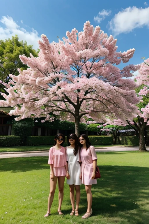 They are in front of a tree with pink flowers, a sunny afternoon