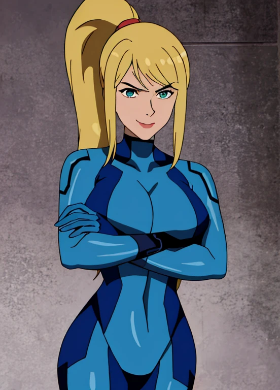 samus aran, ponytail, hair tie, blue gloves, ((blue bodysuit)), high heels (masterpiece, best quality:1.4), (modern days), (cowboy shot), 1girl, solo, pov, stunning girlfriend, (standing:1.1), elegant face, beautiful face, highly detailed face, highly detailed skin, huge breast, smug smile, looking at viewer,16k hdr, curvy, crossed arms, ben10af,wide hips, leaning against wall, 25 year old woman