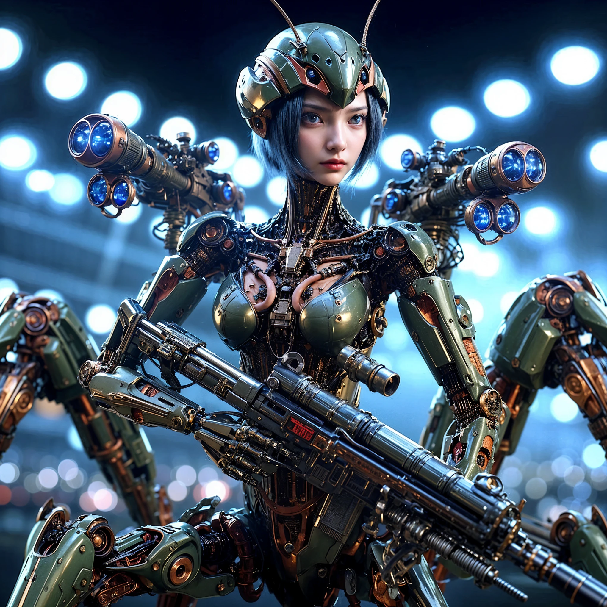 (extremely intricate all details)、(extremely realistic all Texture) 、glossy Texture、Navy blue heavy mechanical armor resembling a pillbug, designed by Hajime Katoki、1 person、Beautiful female soldier、Multi-legged、Heavyweight、Heavy Armor、Firearms、Ultra-realistic、Full Body Shot、Night view of the bayside industrial area、Spotlight lighting to illuminate characters、Please generate at least 4 copies.