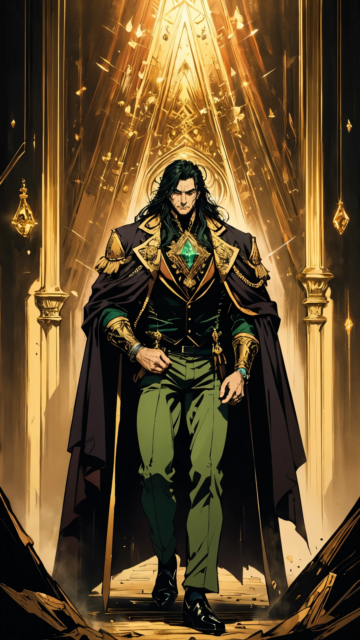 A middle-aged man with long black hair, a metal forehead protector, large triangular eyes, square stubble, a long face, a dignified expression, a tall physique, a luxurious fantasy-style coat adorned with golden patterns and a green crystal in the center, wide short sleeves, metal wrist guards, two-tone linen trousers, thick cloth shoes, the backdrop of a completely black fantasy-style fortress, this character embodies a finely crafted fantasy-style overlord in anime style, exquisite and mature manga art style, dramatic, high definition, best quality, highres, ultra-detailed, ultra-fine painting, extremely delicate, professional, perfect body proportions, golden ratio, anatomically correct, symmetrical face, extremely detailed eyes and face, high quality eyes, creativity, RAW photo, UHD, 32k, Natural light, cinematic lighting, masterpiece-anatomy-perfect, masterpiece:1.5