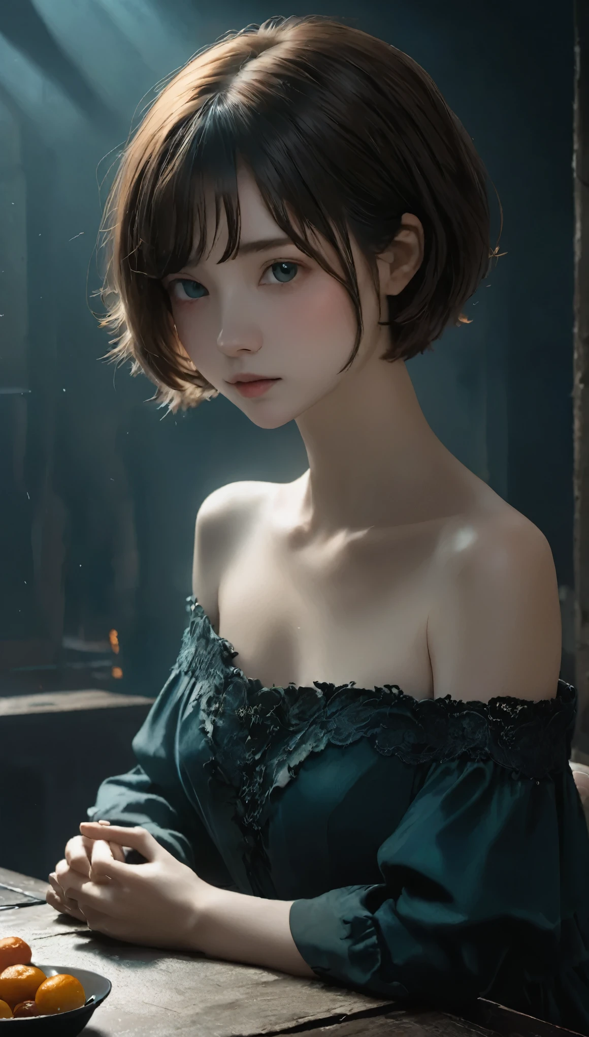 (highest quality, Tabletop:1.2, 超A high resolution, Realistic:1.5), RAW Photos, One Girl, Off the shoulder, In the Dark, Deep Shadow, Low lighting, Cool tones, Captivating Gaze, short hair, Foggy atmosphere, Mysterious atmosphere, Subtle highlights, Dramatic contrast, Graceful pose, Intense emotions, Heavenly Beauty, enchanting darkness, Captivating Expressions