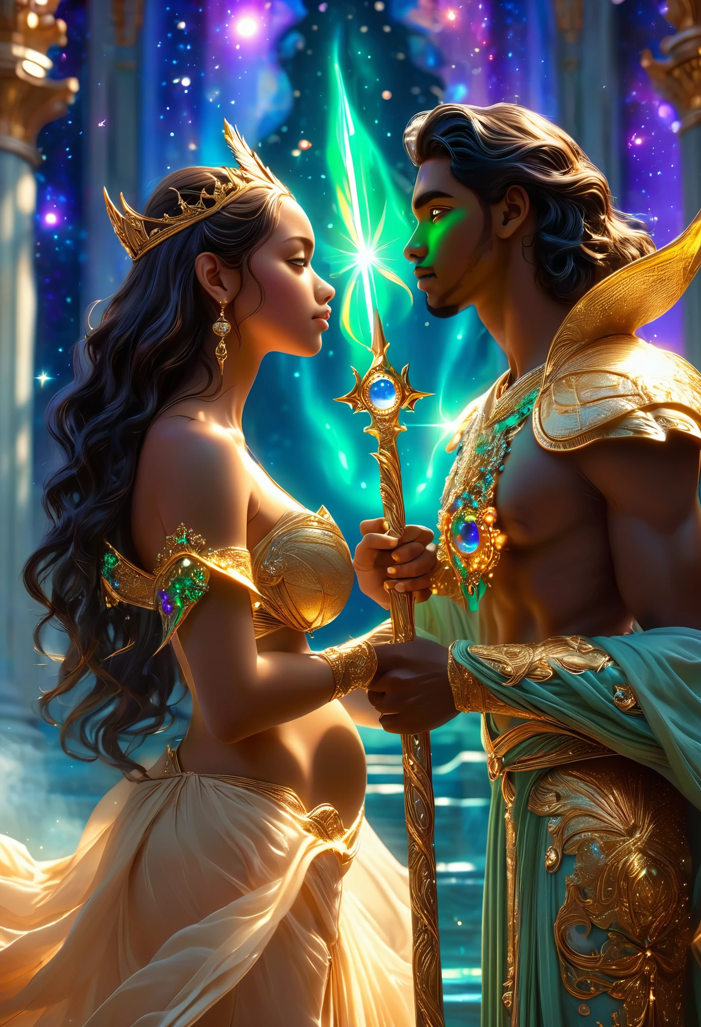 Passionate ((((tan skinned))) couple in a celestial landscape, young dark-skinned couple in their 20s, holding a scepter in a celestial court, a ((((tan skinned))) man and a ((((tan skinned))) woman, he is an imperial judge, dark-haired with violet eyes, she is a pregnant imperial judge, dark-haired with long hair and green eyes, Full body, 8K, extremely detailed, high quality, (photorealistic:1.37), Full body, ideal proportions and defined complexion, meticulously crafted features, unreachable beauty, perfection, breathtaking elegance, g curves, goddess-like figures, divine symmetry, artistic masterpieces, vivid realism, hyper-detailed sculptures, life-like forms, truly awe-inspiring, impeccable craftsmanship, pure radiance, ethereal beauty, delicate contours, striking poses, sublime beauty, subtle nuances, dynamic compositions, vibrant colors, perfect lighting, soulful expressions, celestial aura, majestic presence, dreamlike atmosphere, unmatched gdetailed octane render trending on artstation, 8 k artistic photography, photorealistic concept art, soft natural volumetric cinematic perfect light, chiaroscuro, award - winning photograph, masterpiece, perfect composition, beautiful detailed intricate insanely