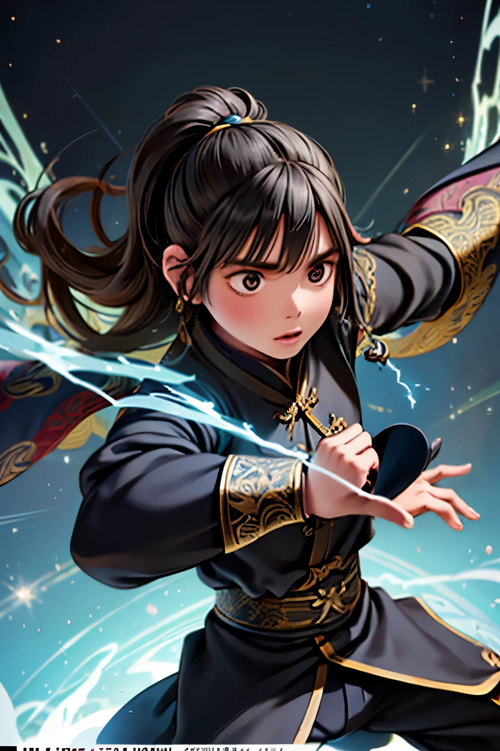 It is an elaborate and intricate fantasy portrait depicting a stout and determined -year-old with aura, a huge bright blue light behind him, bright black hair, dragons and phoenixes flying, golden light, Chinese martial arts style.