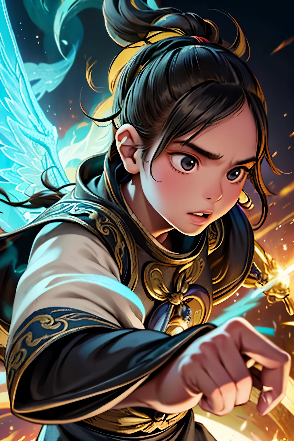 It is an elaborate and intricate fantasy portrait depicting a stout and determined -year-old with aura, a huge bright blue light behind him, bright black hair, dragons and phoenixes flying, golden light, Chinese martial arts style.