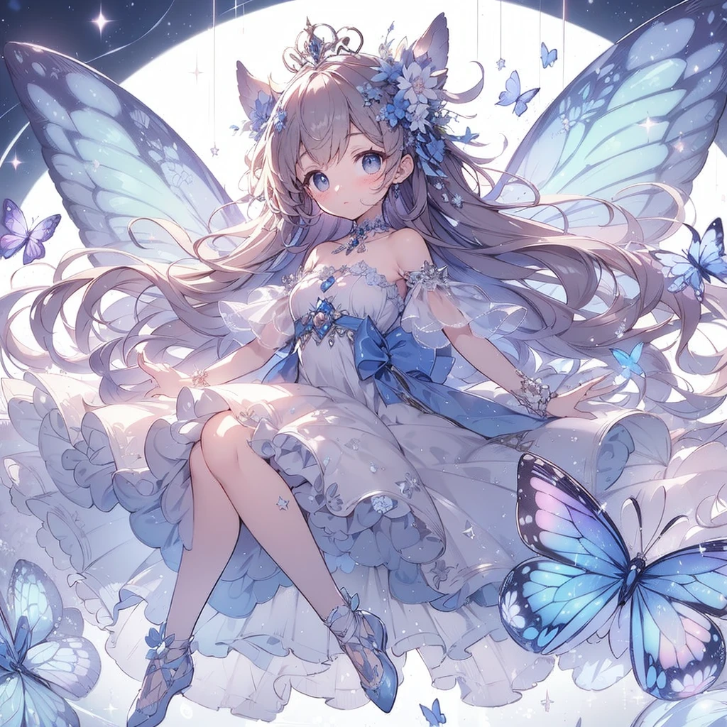 (Exquisite, beautiful, Very detailed, masterpiece, high resolution,high quality,High resolution),(Well-formed face,Soft and thin lines,Moonlit Night,Beautiful and delicate pastel color illustrations that are mature and transparent, Pixiv-inspired anime illustration,Cute pastel-colored girl-style illustrations that are going viral among Japanese people on Twitter), beautifulBig Moonの煌めく夜に透明感のある繊細でbeautifulWell-formed faceで蝶のような羽の生えた妖精姫が楽しそうに暗い月夜の空の下で横向いて立っている, 鮮やかな星空の夜でbeautiful月と星が煌めいている,From a little distance,Tiara, star earrings, star necklace and bracelet), ((A gorgeous ball gown dress with lots of frills and a moon motif., Balloon sleeves, Jewels, ribbons, lace and frills, Butterfly-like fairy wings growing from her back)), (Adorable,A shy smile,Pale pink blush, Plump pink lips,Beautiful and clear eyes,Large Bust, Fair skin, Good style),Starry sky texture,Vibrant pastel colors,Dreamy and cute fantasy world,Whole body,Colored pencil art,Big Moon