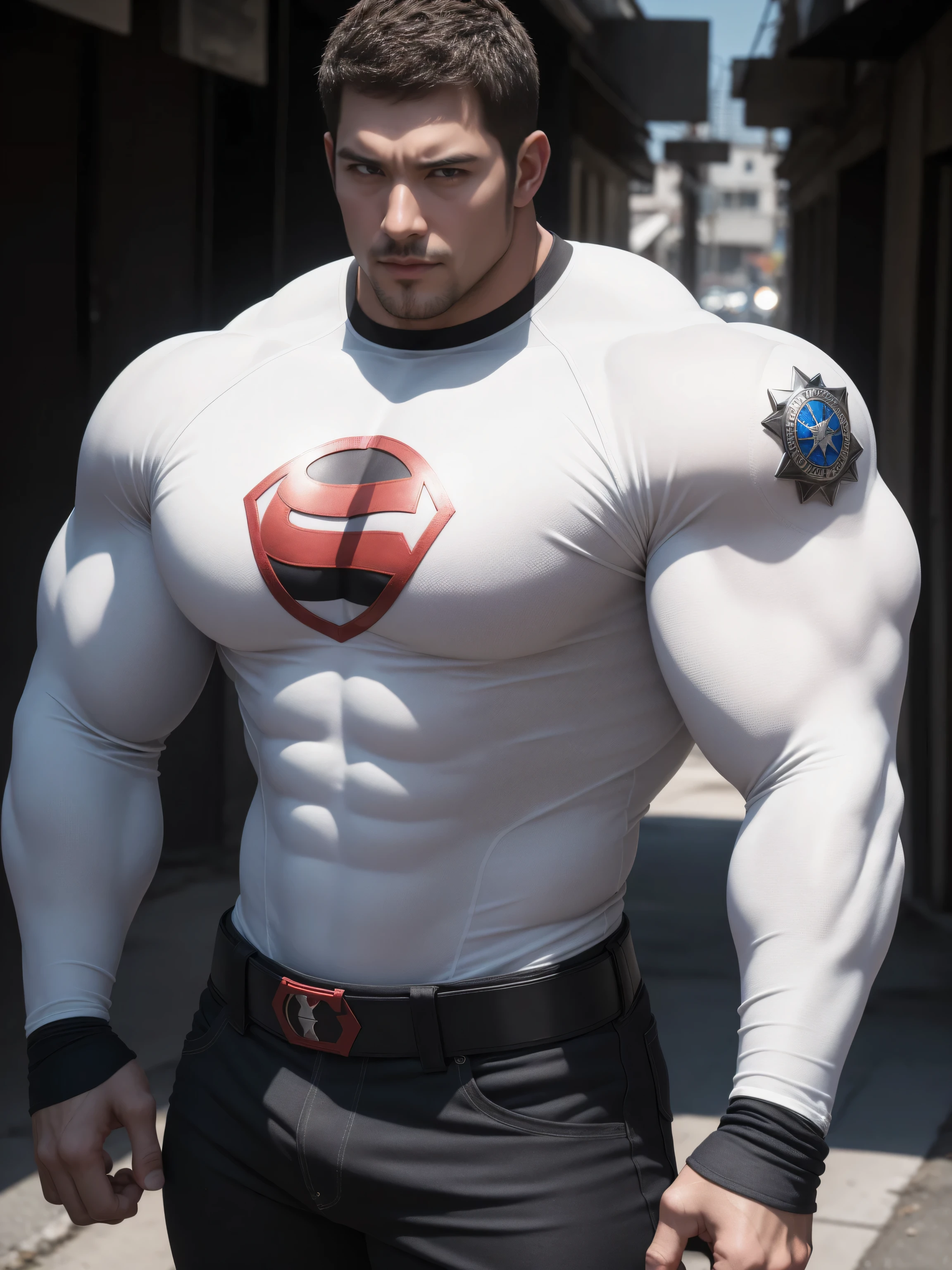 Angry super muscular man, Buzz Cut,On the old-style outdoor street under the hot sun, Wear a long-sleeved cream superhero bodysuit, Thickened warm elastic texture,Clothes are very dirty with mud stains,The expression is arrogant, Thick thighs, Messy hair, Thick thighs, High collar, long sleeve, cream white superhero bodysuit, very tight, Regular symmetrical pattern, Highlight muscles, Police uniform pants, character concept(Resident Evil - Chris Redfield, Chris Redfield)A proud expression, Deep and charming eyes, Heroic male pose, tall Burly, muscular!muscular thighs, tough guy, perfect facial features, High, Burly, Heqiang, Super polished and cool, High Resolution Committee, Charismatic, The sun is blazing, dazzling