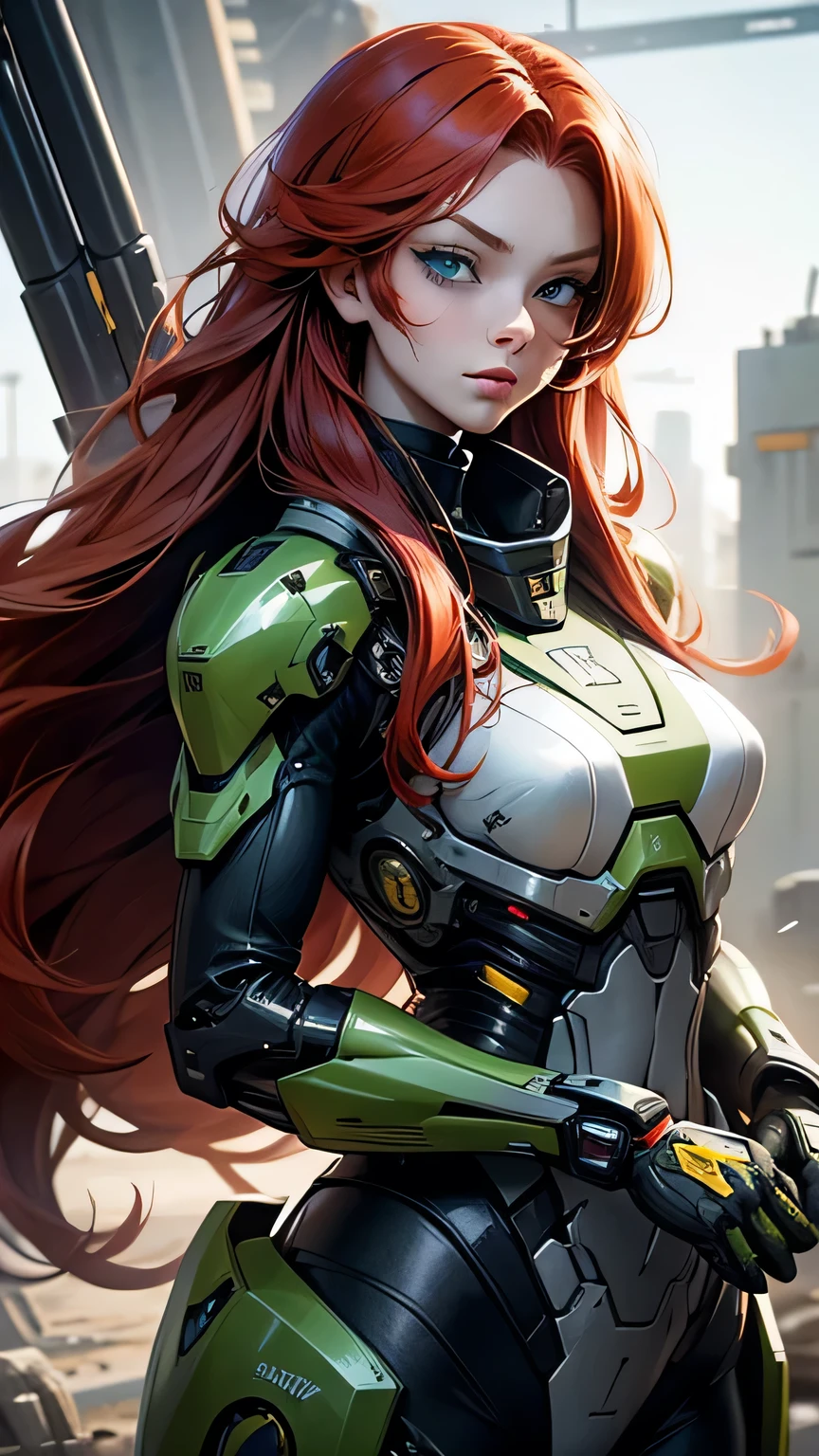 Beautiful redhead woman with long hair, blue eyes, military weaponry, cyborg. Yellow finish, green touches.