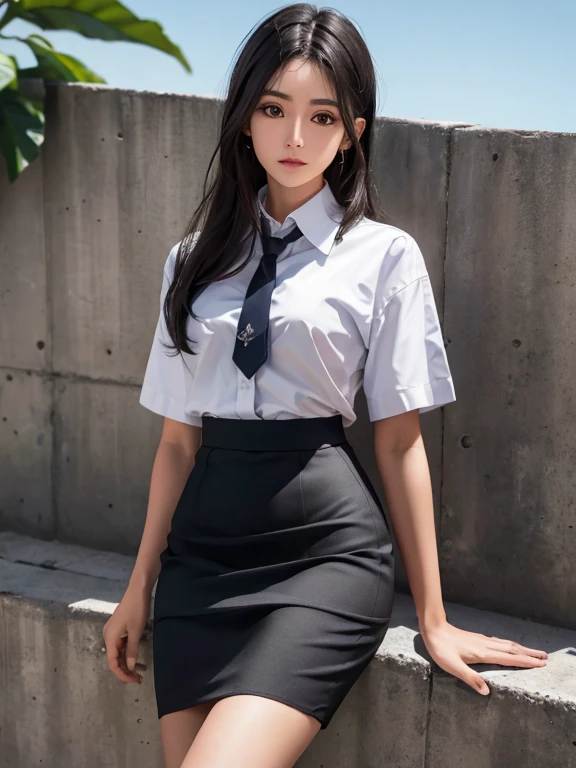 Fotorrealista, high resolution, luzes suaves, 1 mulheres, Sozinho, Quadris para cima, olhos azuis, cabelo branco, cabelo longo, Close your lips, camisa de colarinho, gravata preta,Saia preta, pencil skirt, casaco de pele, meias