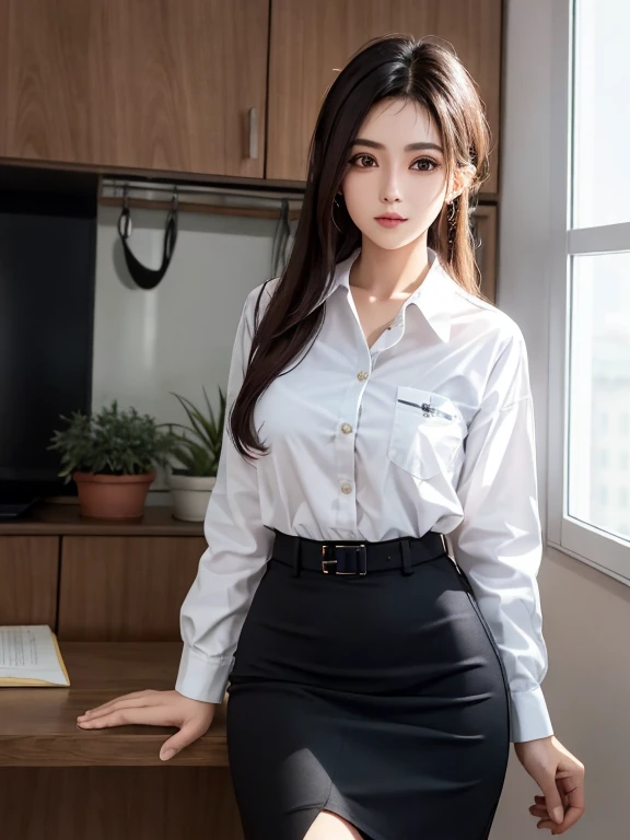 Fotorrealista, high resolution, luzes suaves, 1 mulheres, Sozinho, Quadris para cima, olhos azuis, cabelo branco, cabelo longo, Close your lips, camisa de colarinho, gravata preta,Saia preta, pencil skirt, casaco de pele, meias