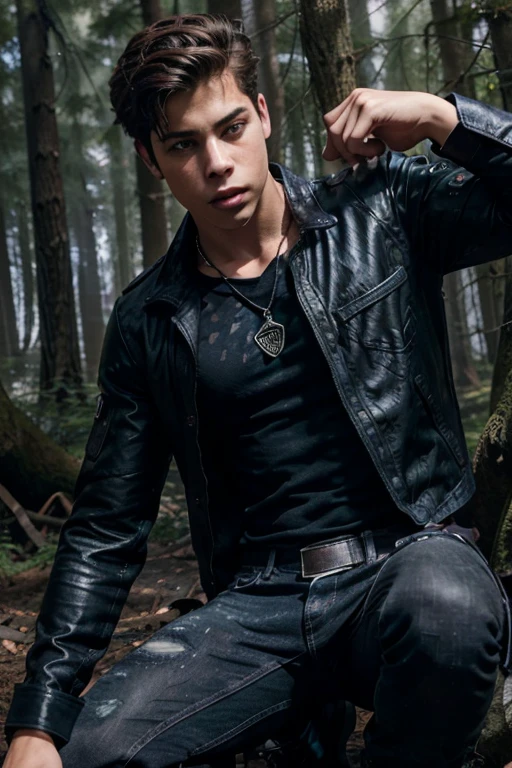 Andrew Matarazzo, Gabe, Wolf, 18 years old, short messy brown blonde hair, blue eyes, black jean vest, blue military shirt with military print, black jeans, black combat boots. silver pendant, white wolf print. Forest background with fog aura around black color.