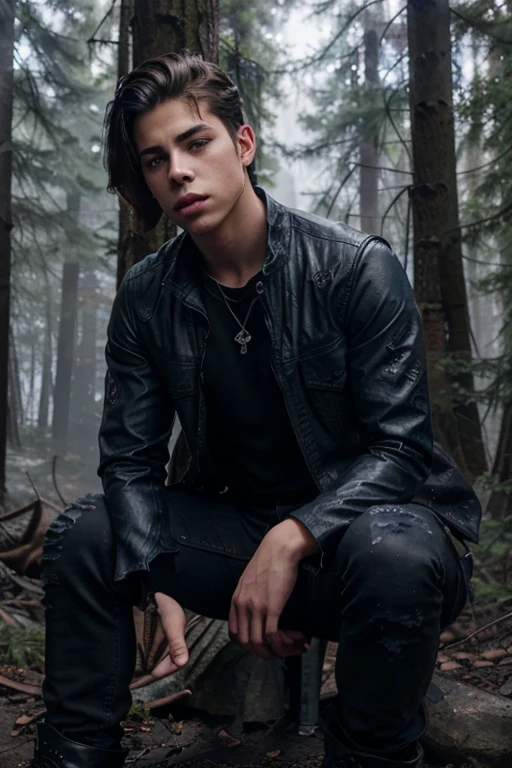 Andrew Matarazzo, Gabe, Teen Wolf, 18 years old, short messy brown blonde hair, blue eyes, black jean vest, blue military shirt with military print, black jeans, black combat boots. silver pendant, white wolf print. Forest background with fog aura around black color.