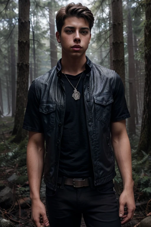 Andrew Matarazzo, Gabe, Teen Wolf, 18 years old, short messy brown blonde hair, blue eyes, black jean vest, blue military shirt with military print, black jeans, black combat boots. silver pendant, white wolf print. Forest background with fog aura around black color.