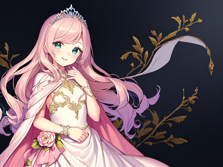 (kawaii),(best quality),(ultra detailed),(rococo style),(long train pastel pink cape:1.15), very long cape,(long train white ball gown with flower decorations:1.1), a girl is wearing a cape over her gown, 1 little princess, tiara, smile, very long hair, small breasts, beautiful detailed eyes, beautiful detailed lips, looking at viewer