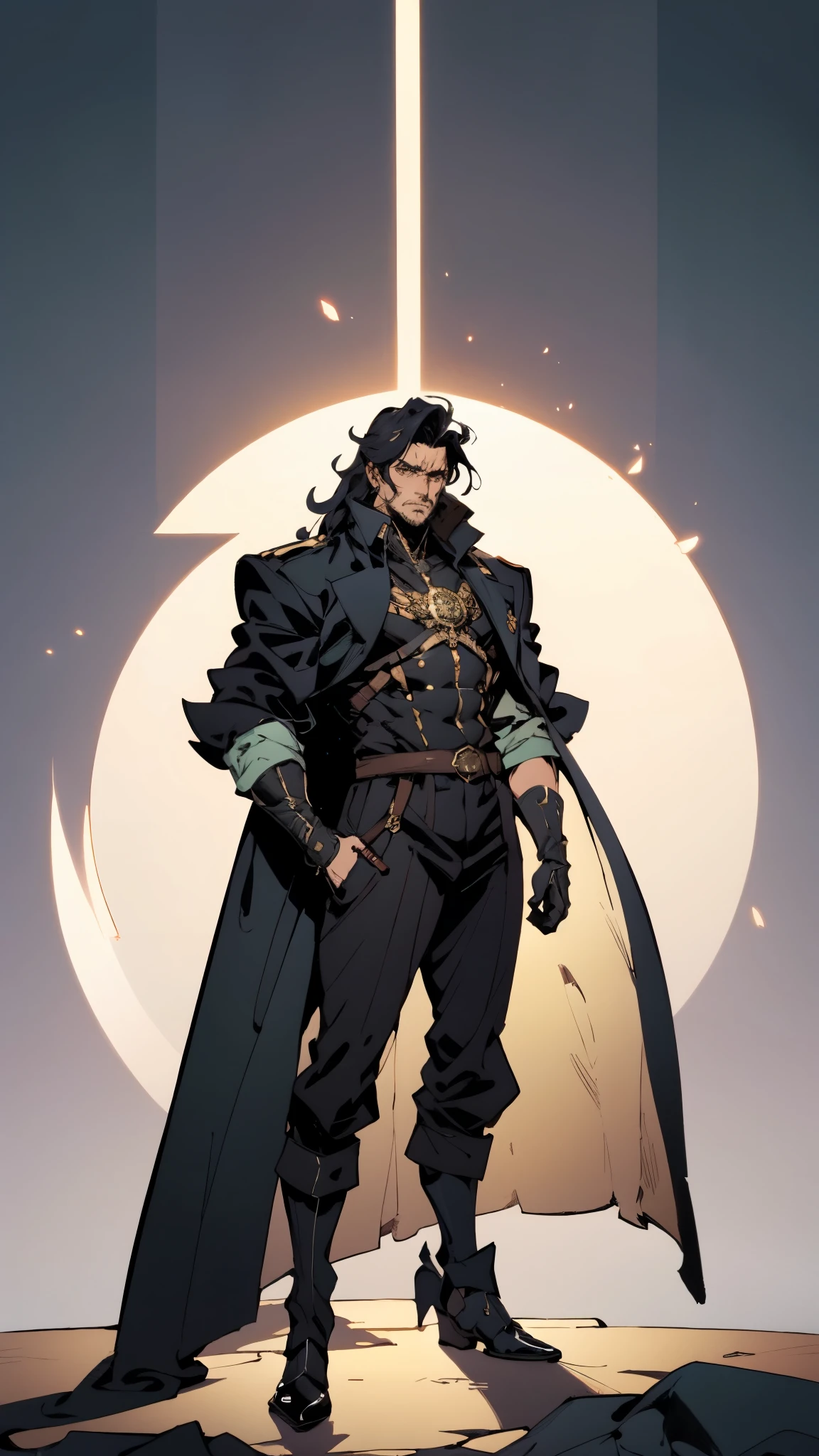 A middle-aged man with long black hair, a metal forehead protector, large triangular eyes, square stubble, a long face, a dignified expression, a tall physique, a luxurious fantasy-style coat adorned with golden patterns and a green crystal in the center, wide short sleeves, metal wrist guards, two-tone linen trousers, thick cloth shoes, the backdrop of a completely black fantasy-style fortress, this character embodies a finely crafted fantasy-style overlord in anime style, exquisite and mature manga art style, dramatic, high definition, best quality, highres, ultra-detailed, ultra-fine painting, extremely delicate, professional, perfect body proportions, golden ratio, anatomically correct, symmetrical face, extremely detailed eyes and face, high quality eyes, creativity, RAW photo, UHD, 32k, Natural light, cinematic lighting, masterpiece-anatomy-perfect, masterpiece:1.5