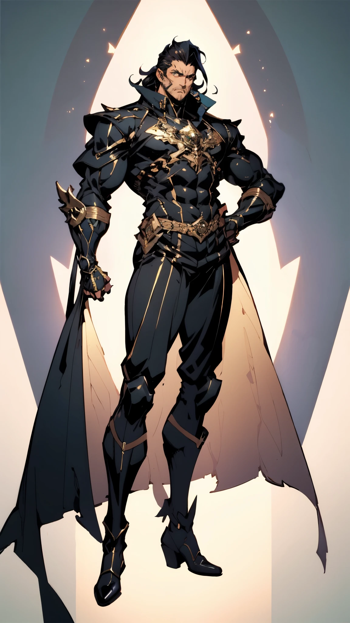 A middle-aged man with long black hair, a metal forehead protector, large triangular eyes, square stubble, a long face, a dignified expression, a tall physique, a luxurious fantasy-style coat adorned with golden patterns and a green crystal in the center, wide short sleeves, metal wrist guards, two-tone linen trousers, thick cloth shoes, the backdrop of a completely black fantasy-style fortress, this character embodies a finely crafted fantasy-style overlord in anime style, exquisite and mature manga art style, dramatic, high definition, best quality, highres, ultra-detailed, ultra-fine painting, extremely delicate, professional, perfect body proportions, golden ratio, anatomically correct, symmetrical face, extremely detailed eyes and face, high quality eyes, creativity, RAW photo, UHD, 32k, Natural light, cinematic lighting, masterpiece-anatomy-perfect, masterpiece:1.5