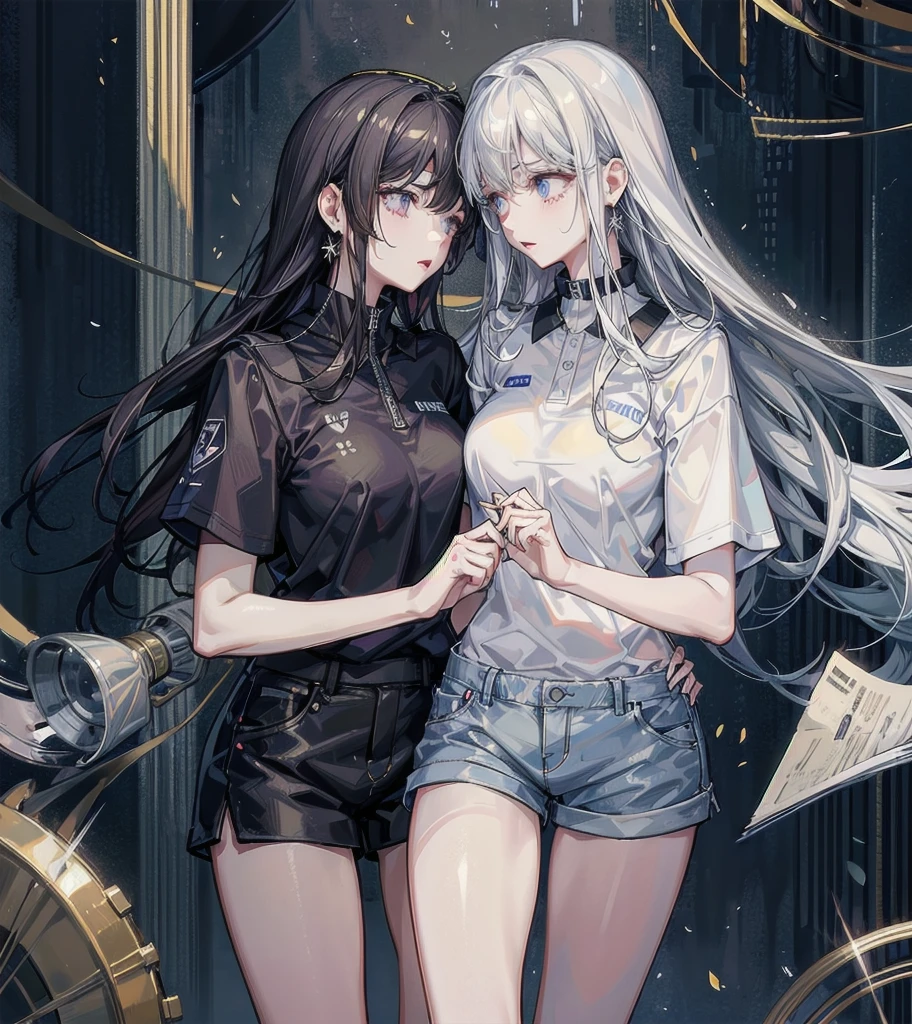 ((yuri)), ((2 girls)), absurdres, RAW photo, extremely delicate and beautiful, masterpiece, Best Quality, ultra high resolution, 32k, hyperrealistic, ultra-detailed, detailed description, perfect figure, perfect shape, perfect anatomy, pale skin, 20 years old, detailed beautiful face and eyes, tearful mole, earring, short medium hair, wavy hair, big tits, golf uniform, polo shirt, shorts,